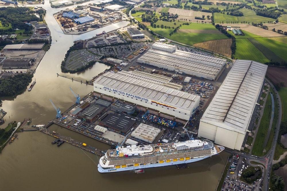 Aerial image Papenburg - View of the Seas der Royal Caribbean cruise ship - passenger ship on the Meyer shipyard in Papenburg on the river Ems in Lower Saxony
