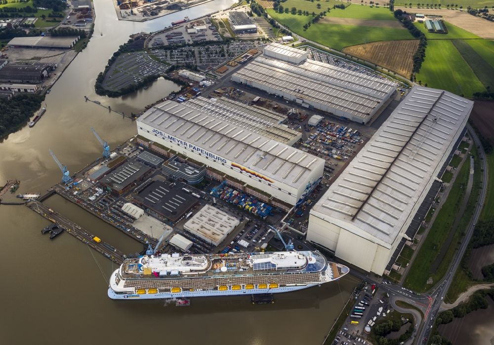 Aerial photograph Papenburg - View of the Seas der Royal Caribbean cruise ship - passenger ship on the Meyer shipyard in Papenburg on the river Ems in Lower Saxony