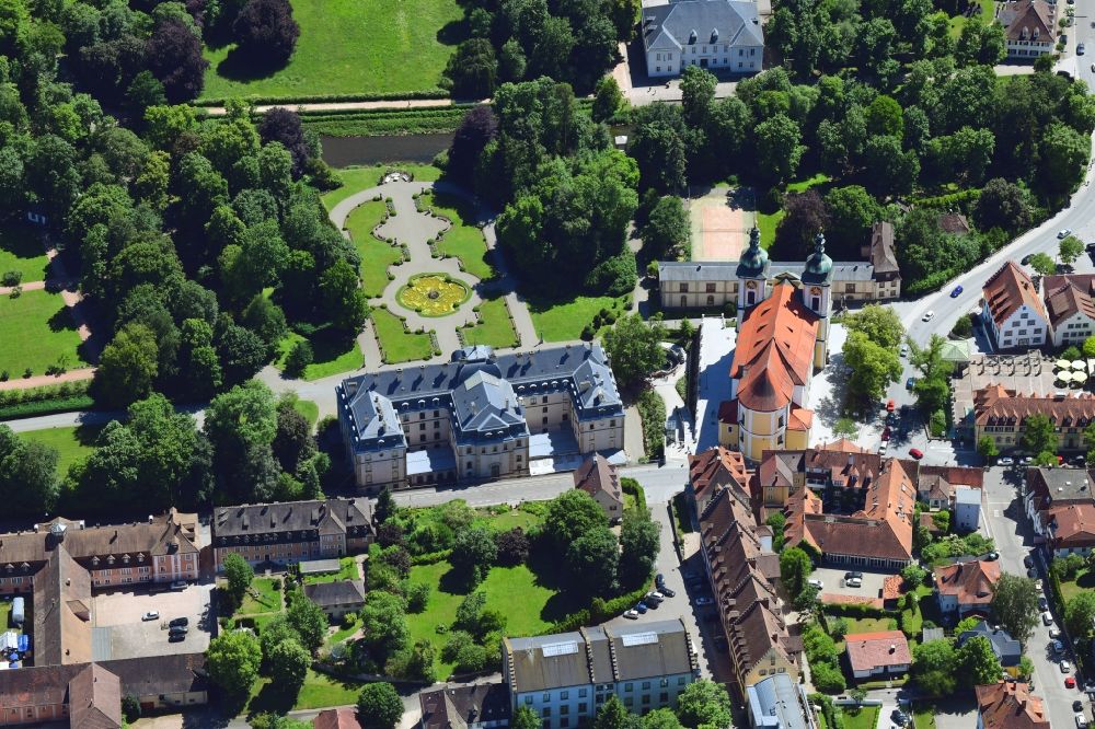 Donaueschingen from the bird's eye view: River source and origin of Danube at the castle park, castle and town church Sankt Johann in Donaueschingen in the state Baden-Wuerttemberg, Germany