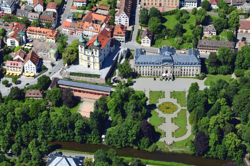 Aerial image Donaueschingen - River source and origin of Danube at the castle park, castle and town church Sankt Johann in Donaueschingen in the state Baden-Wuerttemberg, Germany