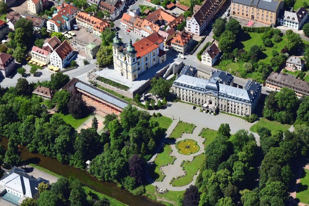 Donaueschingen from above - River source and origin of Danube at the castle park, castle and town church Sankt Johann in Donaueschingen in the state Baden-Wuerttemberg, Germany