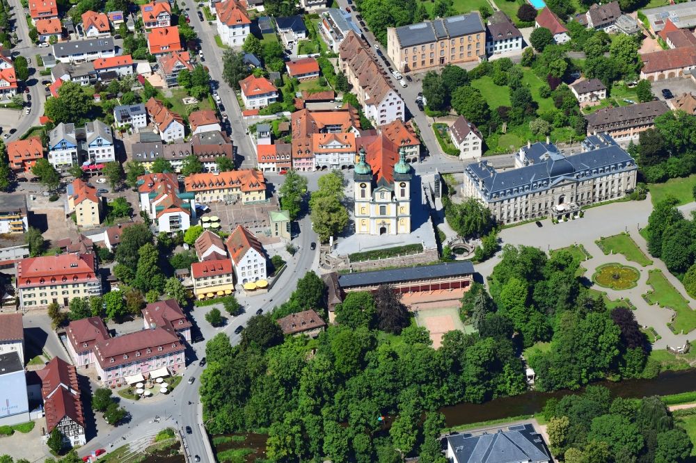 Donaueschingen from the bird's eye view: River source and origin of Danube at the castle park, castle and town church Sankt Johann in Donaueschingen in the state Baden-Wuerttemberg, Germany
