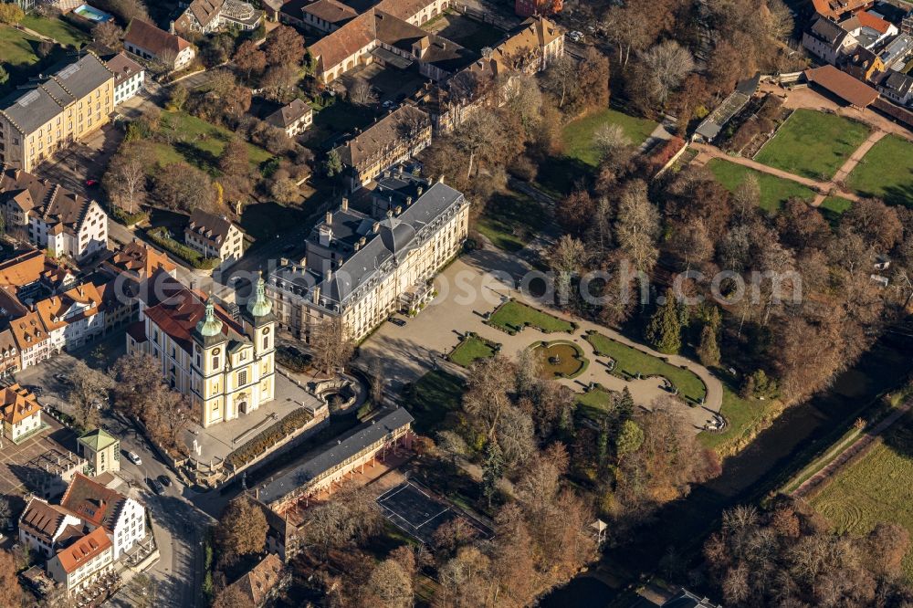 Aerial photograph Donaueschingen - River source and origin of Danube at the castle park, castle and town church Sankt Johann in Donaueschingen in the state Baden-Wuerttemberg, Germany