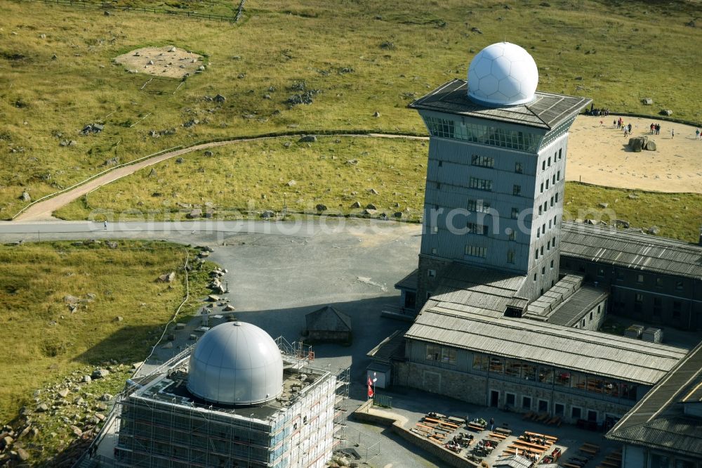 Brocken from the bird's eye view: Radar transmission tower dome military conversion property on Brocken in the state Saxony-Anhalt, Germany