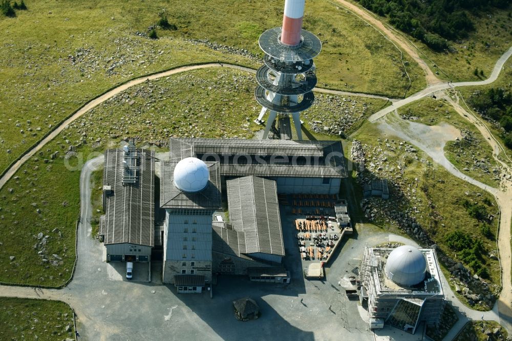 Aerial image Brocken - Radar transmission tower dome military conversion property on Brocken in the state Saxony-Anhalt, Germany