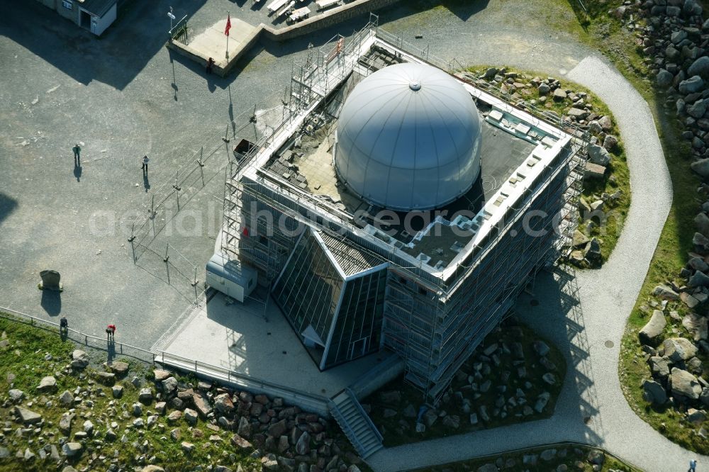 Aerial photograph Brocken - Radar transmission tower dome military conversion property on Brocken in the state Saxony-Anhalt, Germany