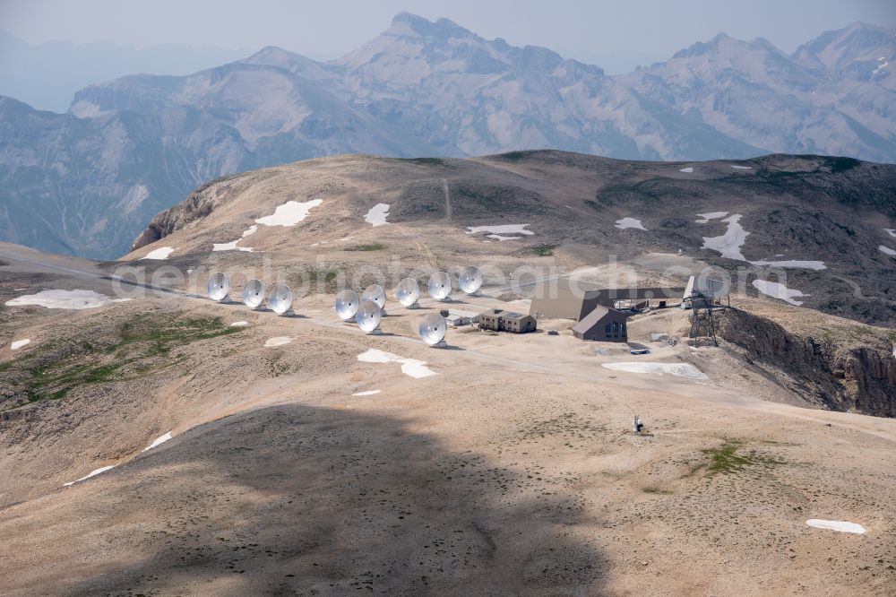 Aerial photograph Le Devoluy - Observatories with radio telescope and antennas of the Institute of Radioastronomy in the millimeter range on the Plateau de Bure in Le Devoluy in the Provence-Alpes-Cote d'Azur, France
