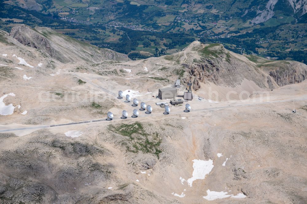 Le Devoluy from the bird's eye view: Observatories with radio telescope and antennas of the Institute of Radioastronomy in the millimeter range on the Plateau de Bure in Le Devoluy in the Provence-Alpes-Cote d'Azur, France