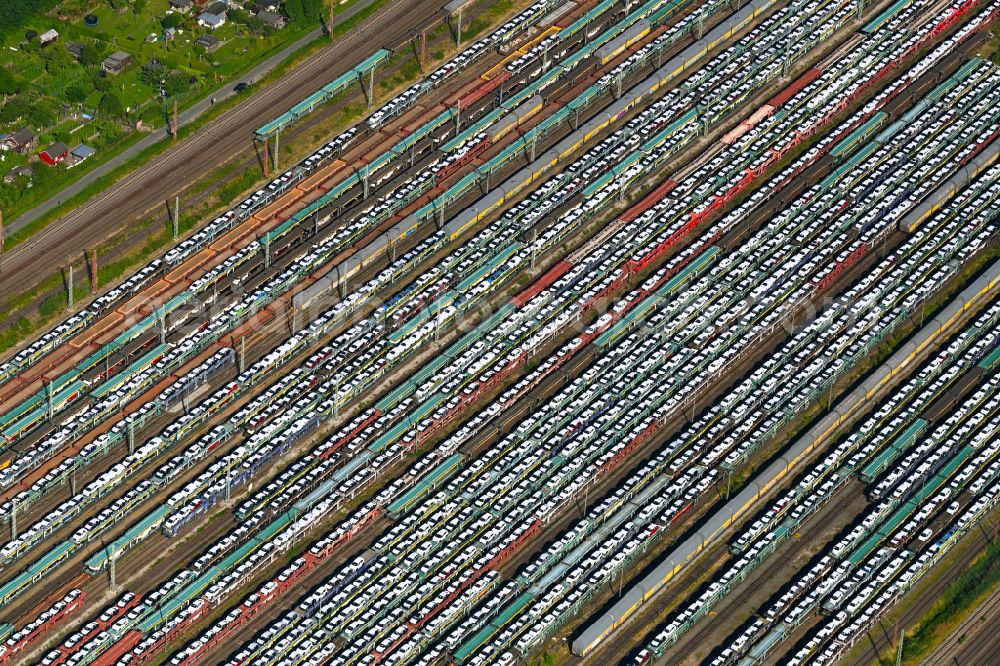 Aerial photograph Bremen - Marshalling yard and freight station with car and new car transport on street Marienwerderstrasse in Bremen, Germany