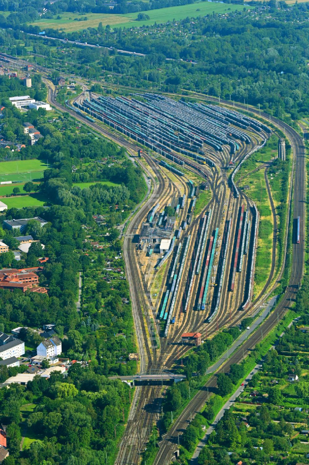 Bremen from above - Marshalling yard and freight station on street Schuetzenweg in the district Groepelingen in Bremen, Germany