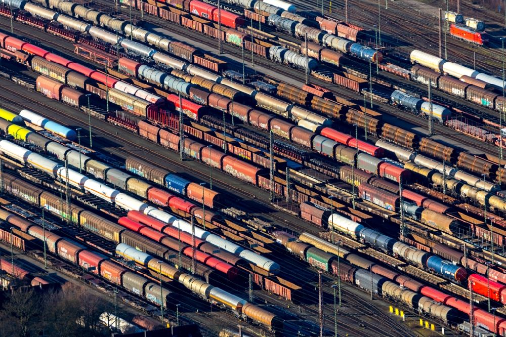 Hagen from above - Marshalling yard and freight station of the Deutsche Bahn in Hagen in the state North Rhine-Westphalia, Germany