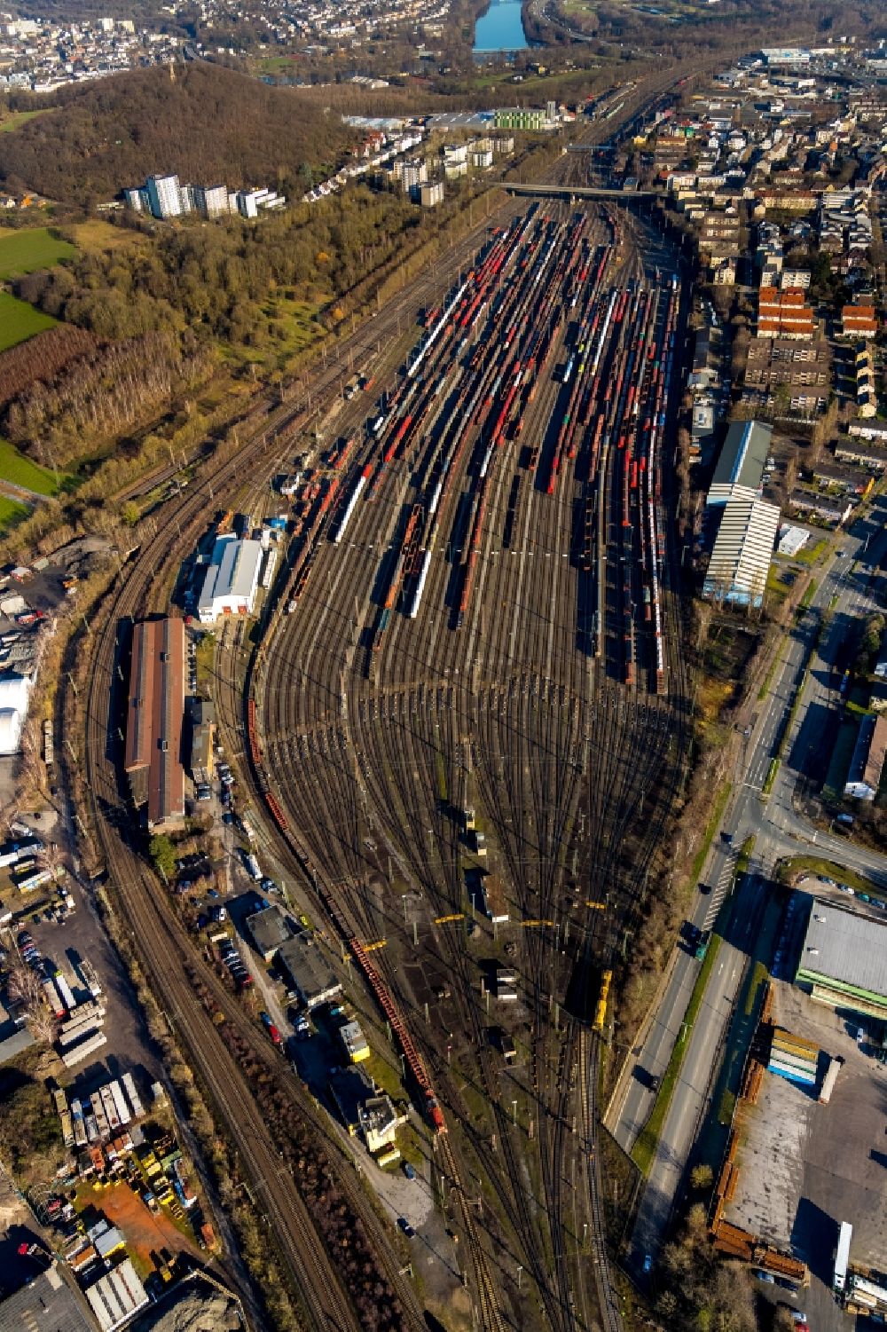 Hagen from the bird's eye view: Marshalling yard and freight station of the Deutsche Bahn in Hagen in the state North Rhine-Westphalia, Germany