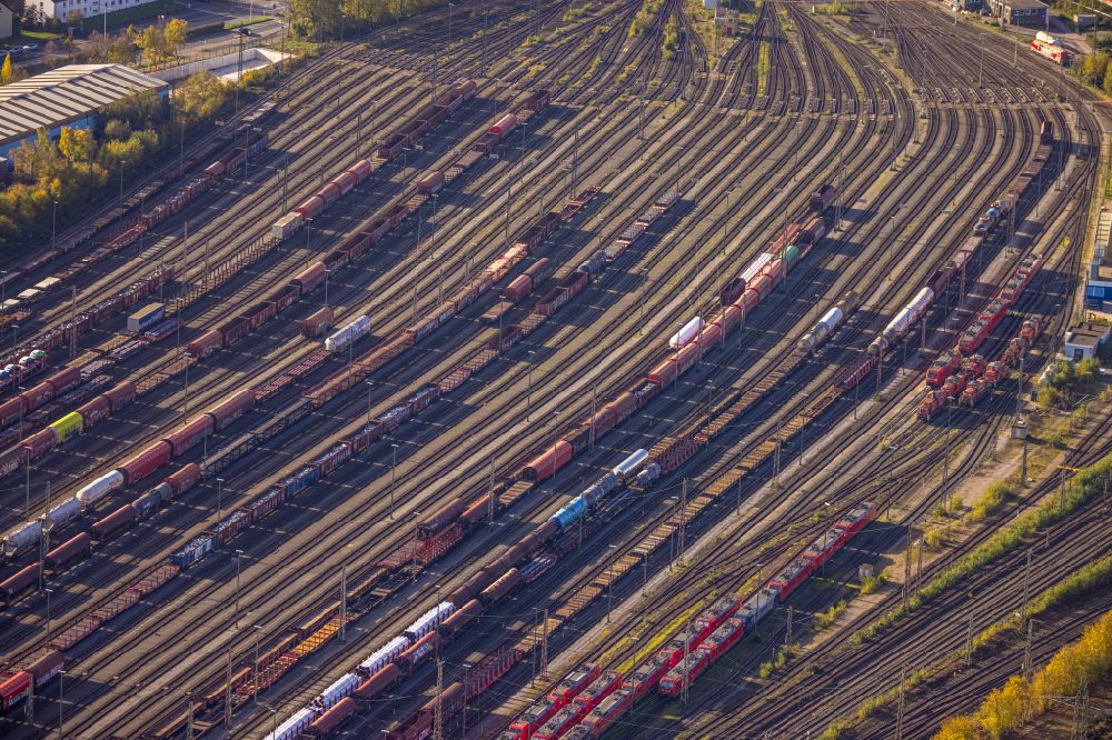 Hagen from the bird's eye view: Marshalling yard and freight station of the Deutsche Bahn in Hagen in the state North Rhine-Westphalia, Germany
