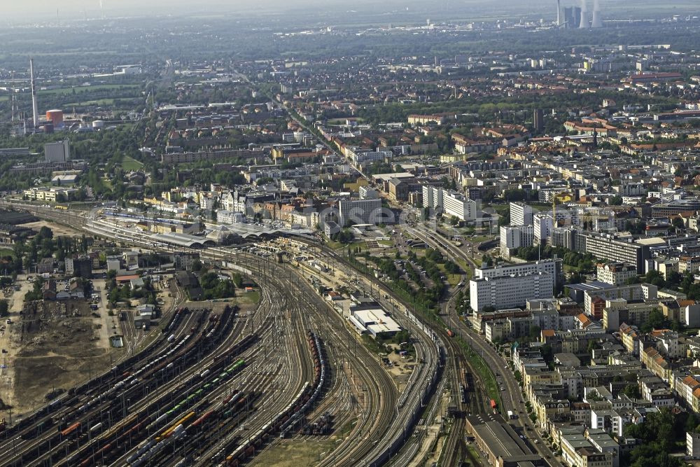 Aerial image Halle (Saale) - Marshalling yard and freight station of the Deutsche Bahn overlooking the city in Halle (Saale) in the state Saxony-Anhalt, Germany
