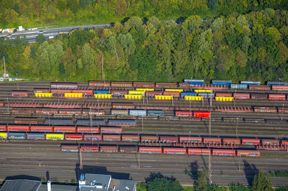 Kreuztal from above - Marshalling yard and freight station of the Deutsche Bahn in Kreuztal in the state North Rhine-Westphalia, Germany
