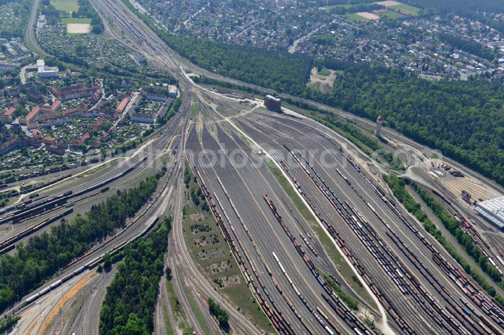 Nürnberg from above - Marshalling yard and freight station of the Deutsche Bahn in Nuernberg in the state Bavaria. bahn.de