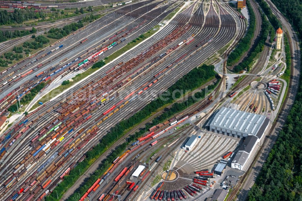 Nürnberg from above - Marshalling yard and freight station of the Deutsche Bahn in Nuernberg in the state Bavaria. bahn.de