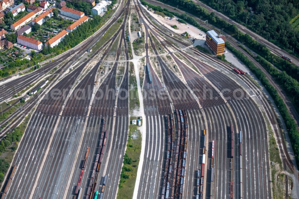 Nürnberg from the bird's eye view: Marshalling yard and freight station of the Deutsche Bahn in Nuernberg in the state Bavaria. bahn.de