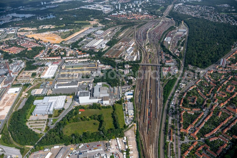 Nürnberg from the bird's eye view: Marshalling yard and freight station of the Deutsche Bahn in Nuernberg in the state Bavaria. bahn.de