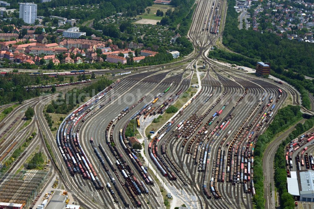 Nürnberg from above - Marshalling yard and freight station of the Deutsche Bahn in Nuremberg in the state Bavaria, Germany