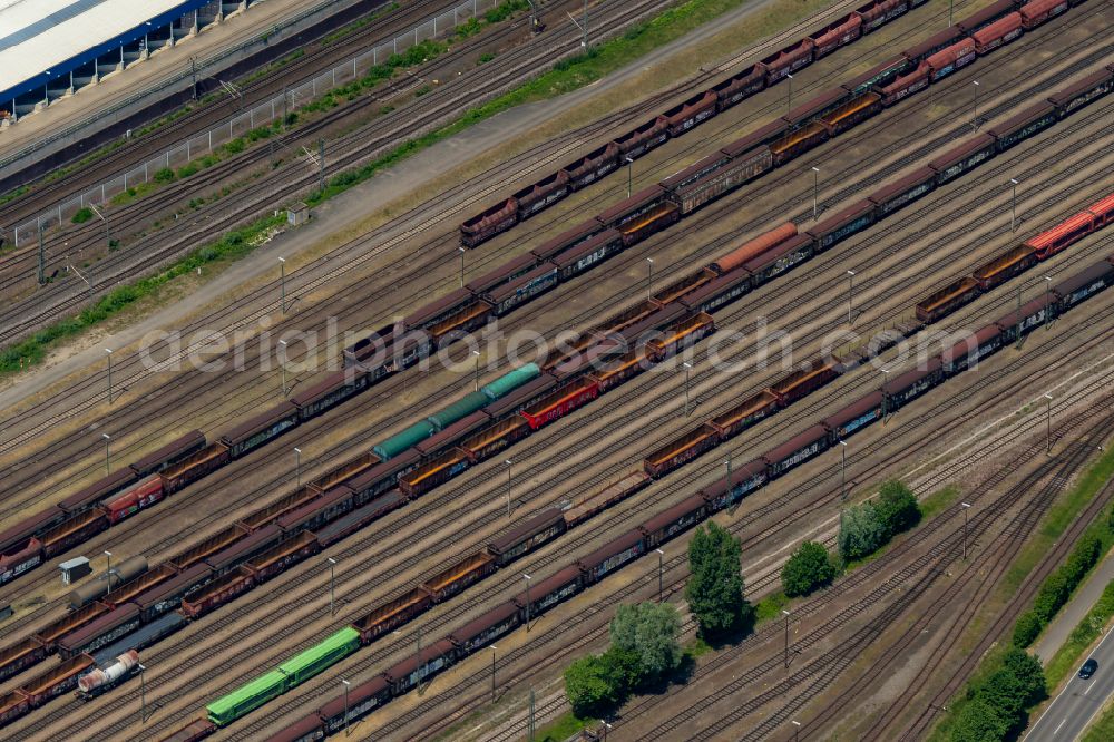 Offenburg from the bird's eye view: Marshalling yard and freight station of the Deutsche Bahn in Offenburg in the state Baden-Wurttemberg, Germany