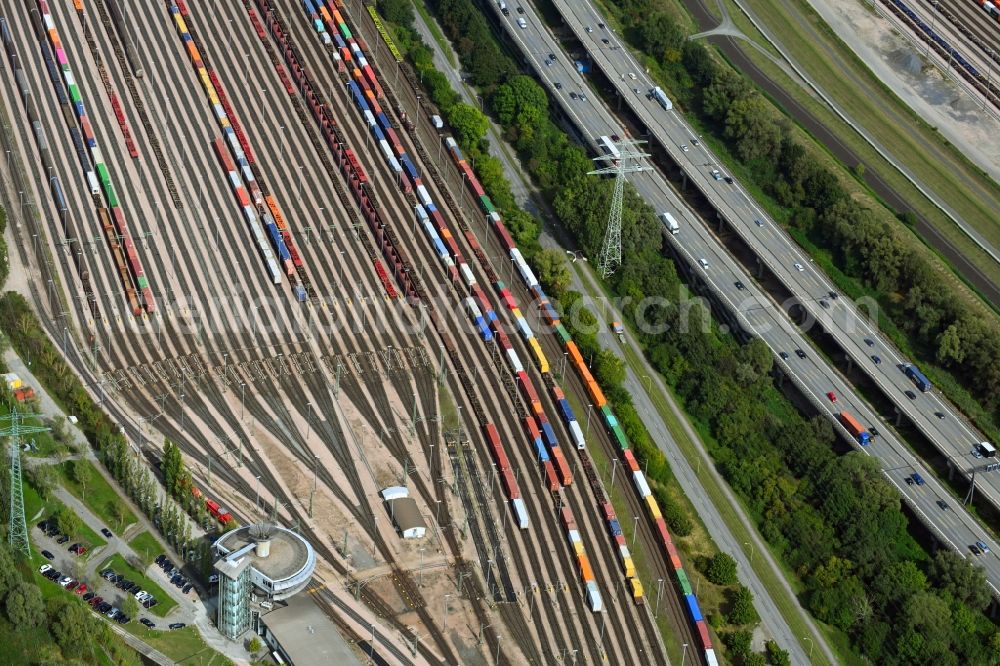Hamburg from the bird's eye view: Marshalling yard and freight station of the Deutsche Bahn in the district Altenwerder in Hamburg, Germany