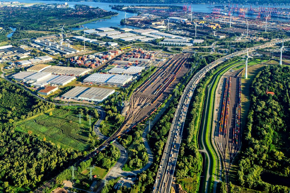 Aerial image Hamburg - Marshalling yard and freight station of the Deutsche Bahn on highway A7 in the district Altenwerder in Hamburg, Germany