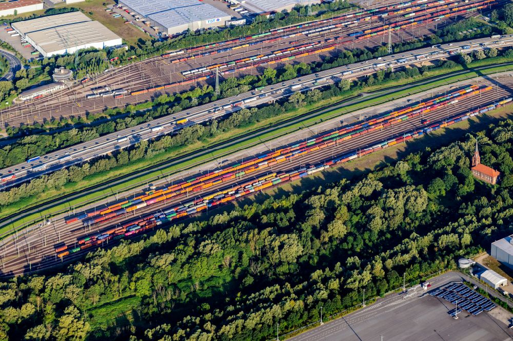Hamburg from above - Marshalling yard and freight station of the Deutsche Bahn on highway A7 in the district Altenwerder in Hamburg, Germany