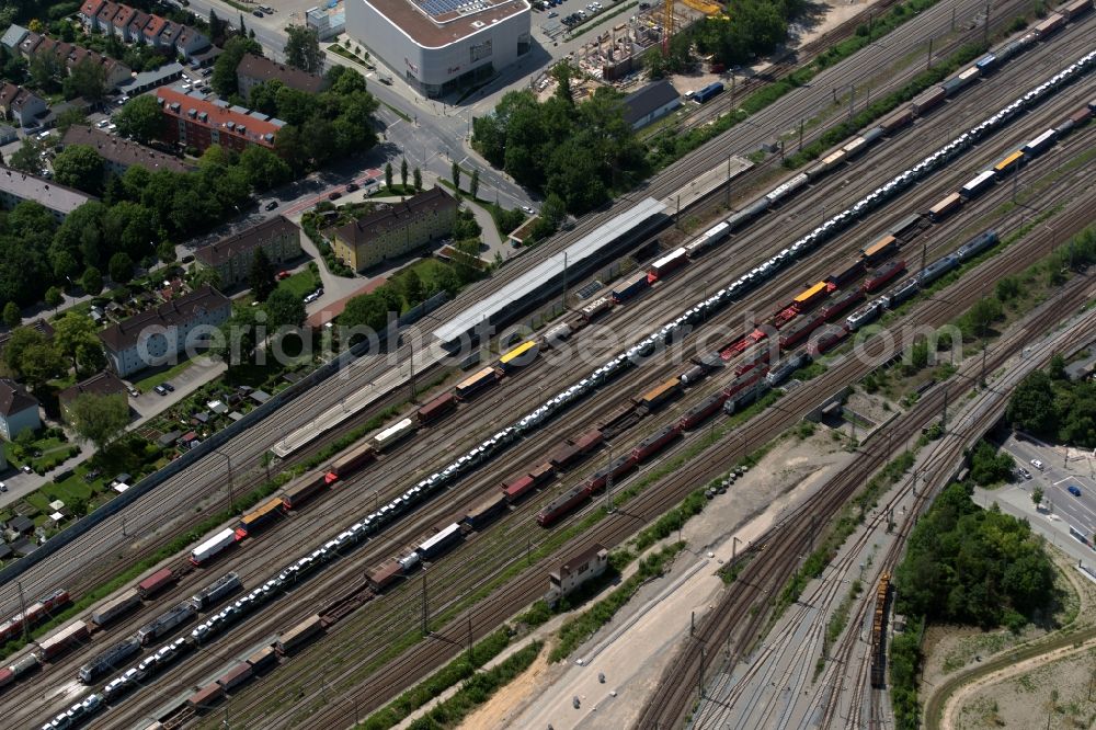 München from above - Marshalling yard and freight station of the Deutsche Bahn in the district Berg am Laim in Munich in the state Bavaria, Germany