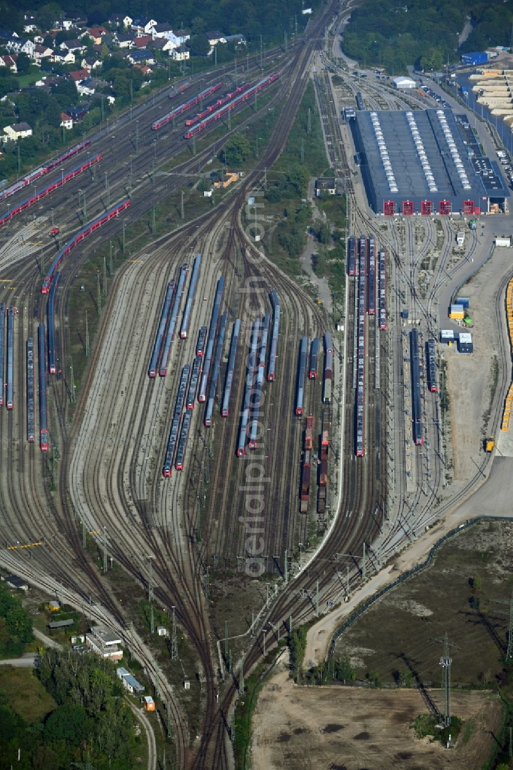 München from above - Marshalling yard and freight station of the Deutsche Bahn in the district Pasing-Obermenzing in Munich in the state Bavaria, Germany