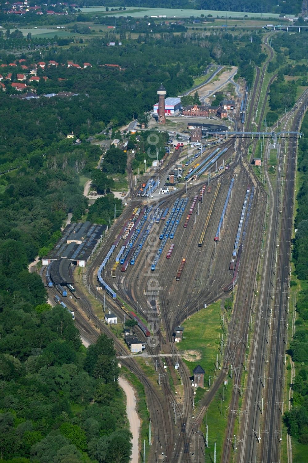Elstal from above - Marshalling yard and freight station in Elstal in the state Brandenburg, Germany