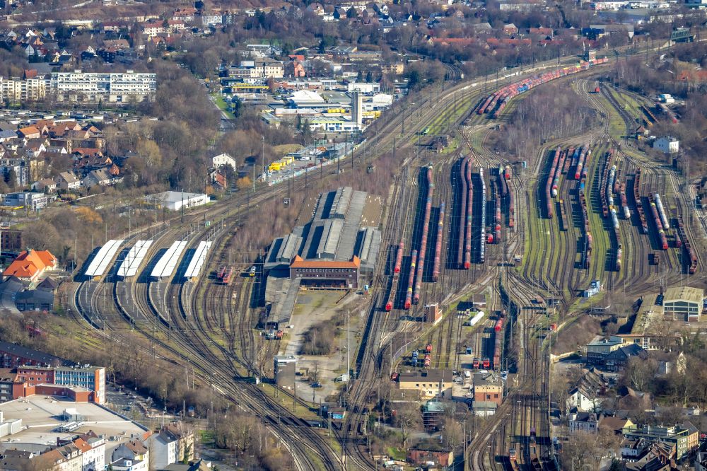 Aerial photograph Herne - Marshalling yard and freight station in the district Wanne-Eickel in Herne at Ruhrgebiet in the state North Rhine-Westphalia, Germany