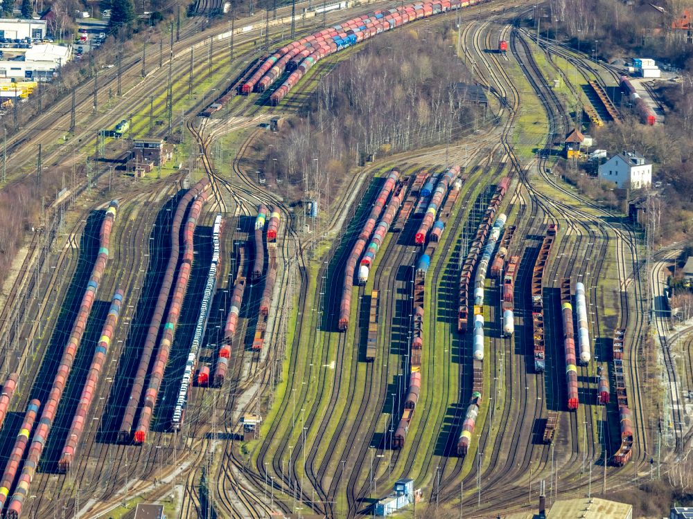 Herne from above - Marshalling yard and freight station in the district Wanne-Eickel in Herne at Ruhrgebiet in the state North Rhine-Westphalia, Germany