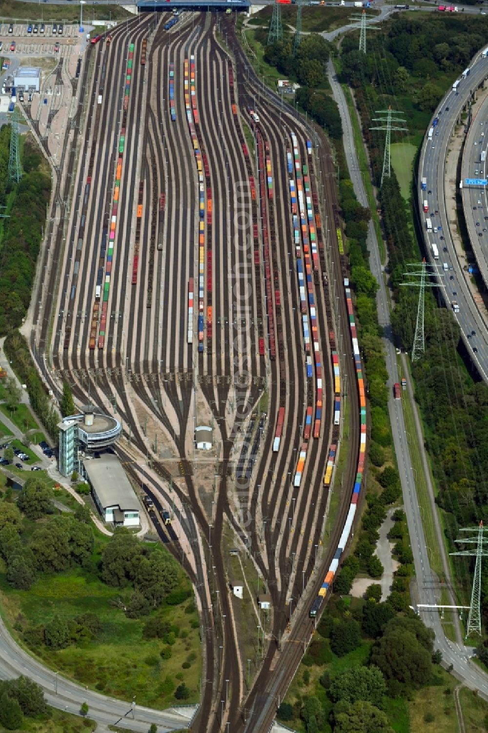 Hamburg from above - Marshalling yard and freight station of the Deutsche Bahn in the district Altenwerder in Hamburg, Germany