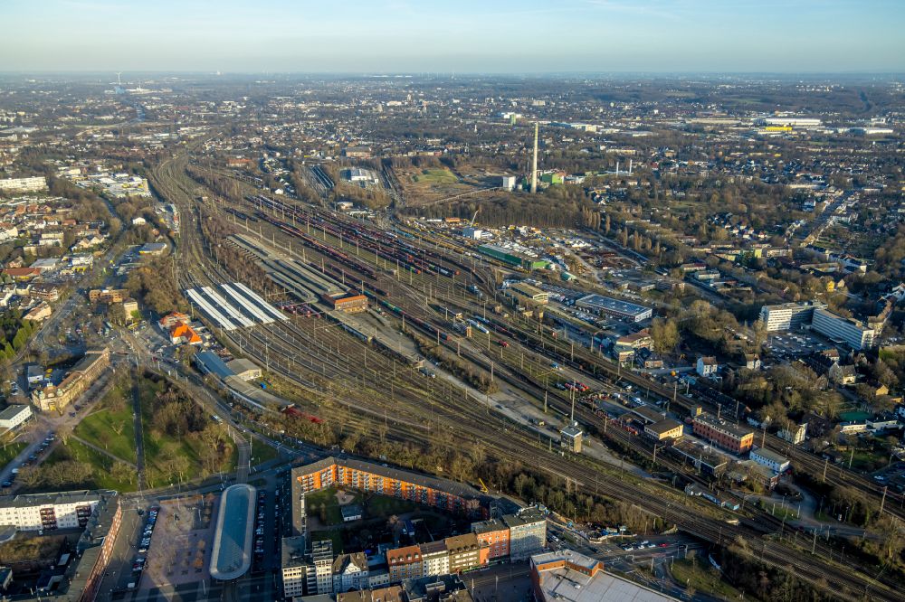 Herne from above - tracks and rails at the Wanne-Eickel main station and the freight yard - marshalling yard of the Deutsche Bahn in Herne in the Ruhr area in the state of North Rhine-Westphalia
