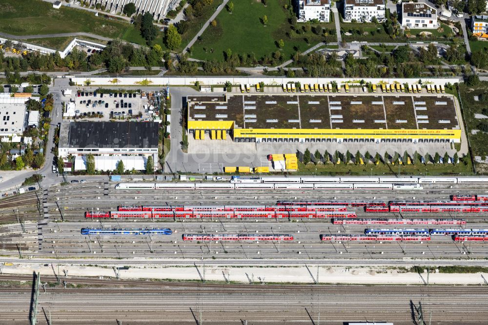 Aerial image München - Trackage and rail routes and locomotive hall of the railway operations work in Laim, Munich in the state Bavaria, Germany