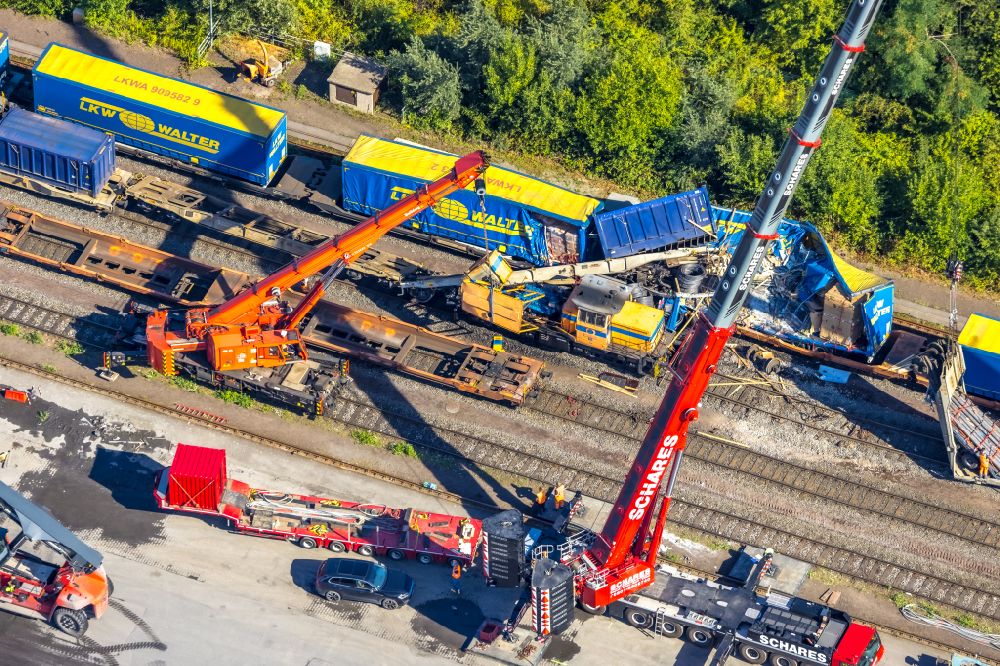 Wanne-Eickel from the bird's eye view: Shunting accident at the marshalling yard and freight yard in Wanne-Eickel in the state North Rhine-Westphalia, Germany