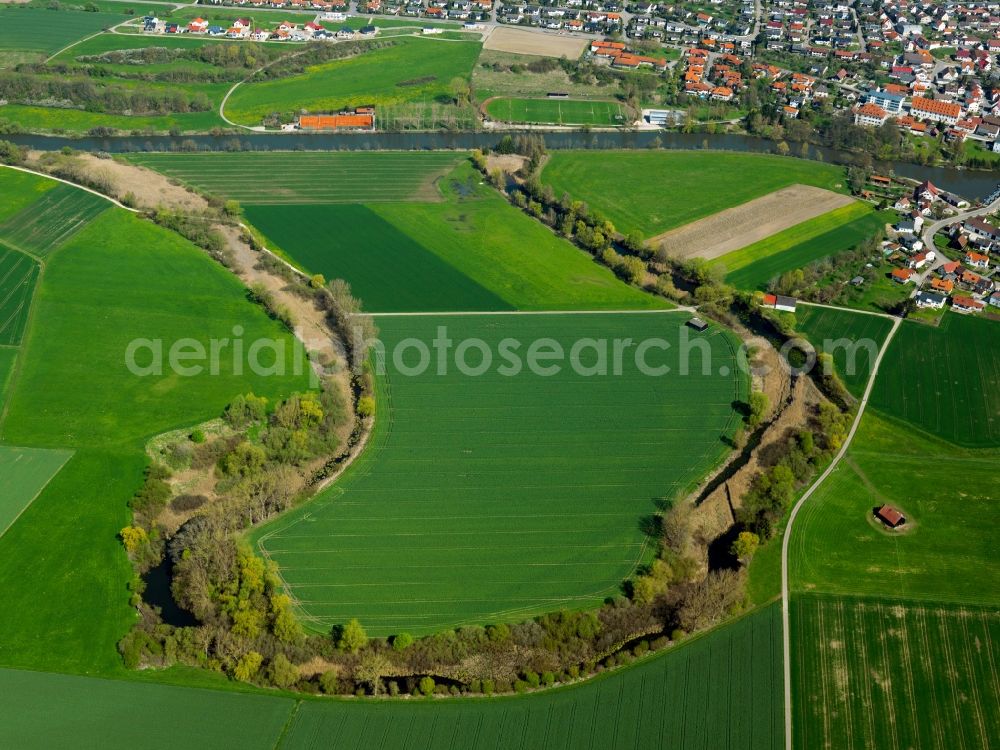 Öpfingen from the bird's eye view: Canola fields and the river Danube in the borough of Öpfingen in the state of Baden-Württemberg. The river runs in the South of the borough with different sidearms and old parts which enclose agricultural fields. In spring, the fields are still green