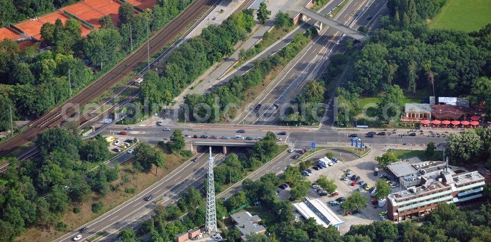Berlin from above - Motorway service area Grunewald at the highway 115, the Spinner bridge and the motorbike haunt in the district Nikolassee of Berlin-Zehlendorf