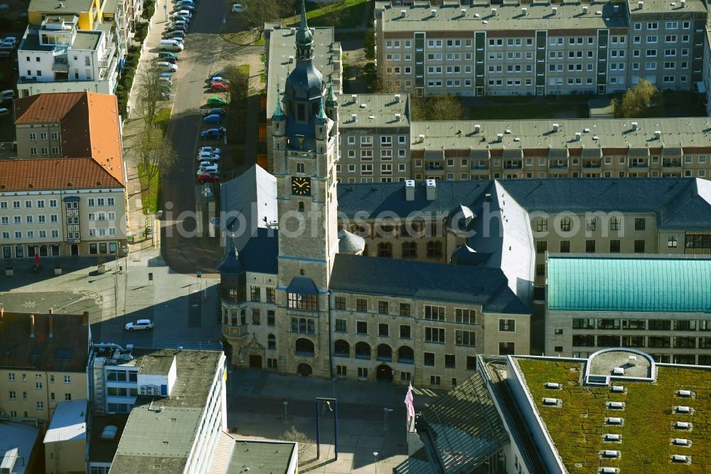 Aerial image Dessau - Town Hall building of the City Council at the market downtown in Dessau in the state Saxony-Anhalt, Germany