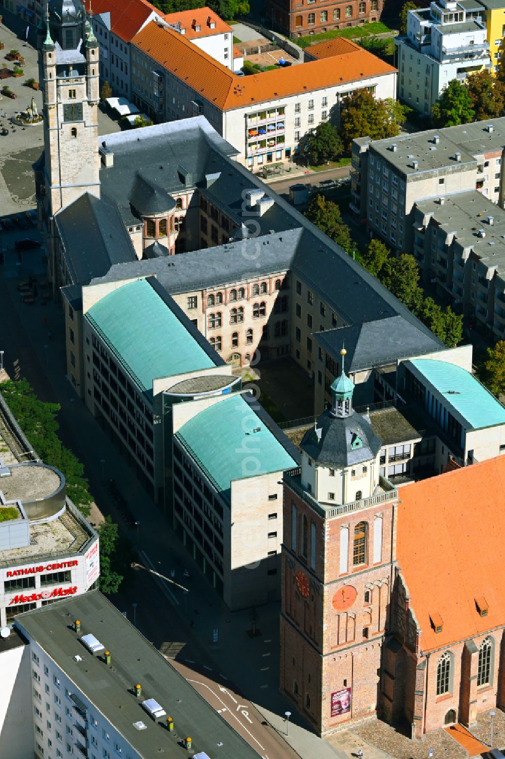 Aerial image Dessau - Town Hall building of the City Council at the market downtown on street Zerbster Strasse in Dessau in the state Saxony-Anhalt, Germany
