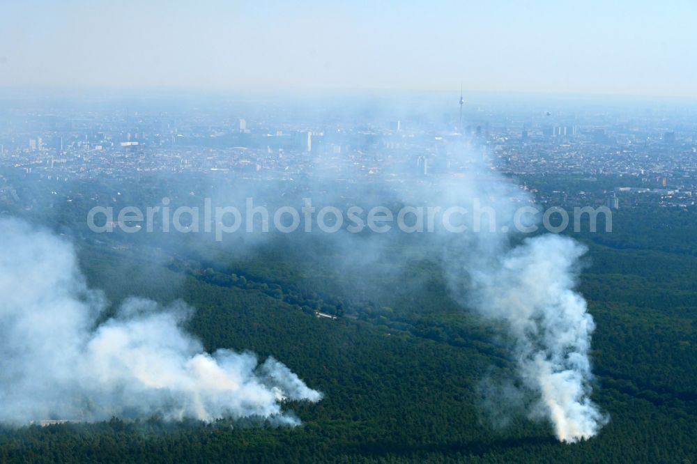 Aerial photograph Berlin - Puffs of smoke and spread of fire from a forest fire as a result of an explosion at a blast site in the trees of a forest area and forest area on the road Huettenweg - AVUS A100 in the Grunewald district in Berlin, Germany