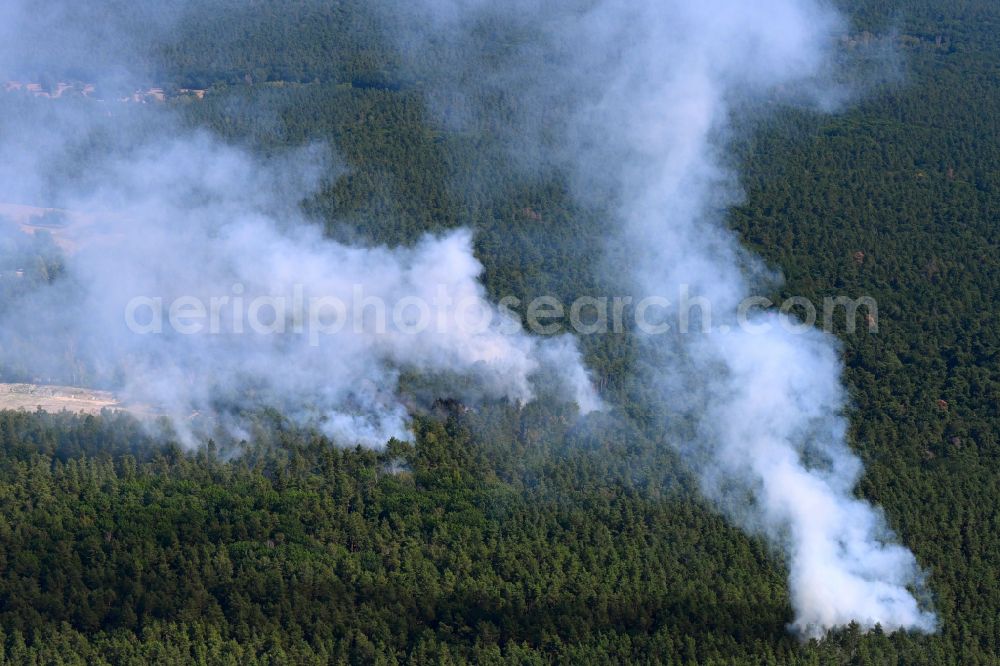 Berlin from the bird's eye view: Puffs of smoke and spread of fire from a forest fire as a result of an explosion at a blast site in the trees of a forest area and forest area on the road Huettenweg - AVUS A100 in the Grunewald district in Berlin, Germany