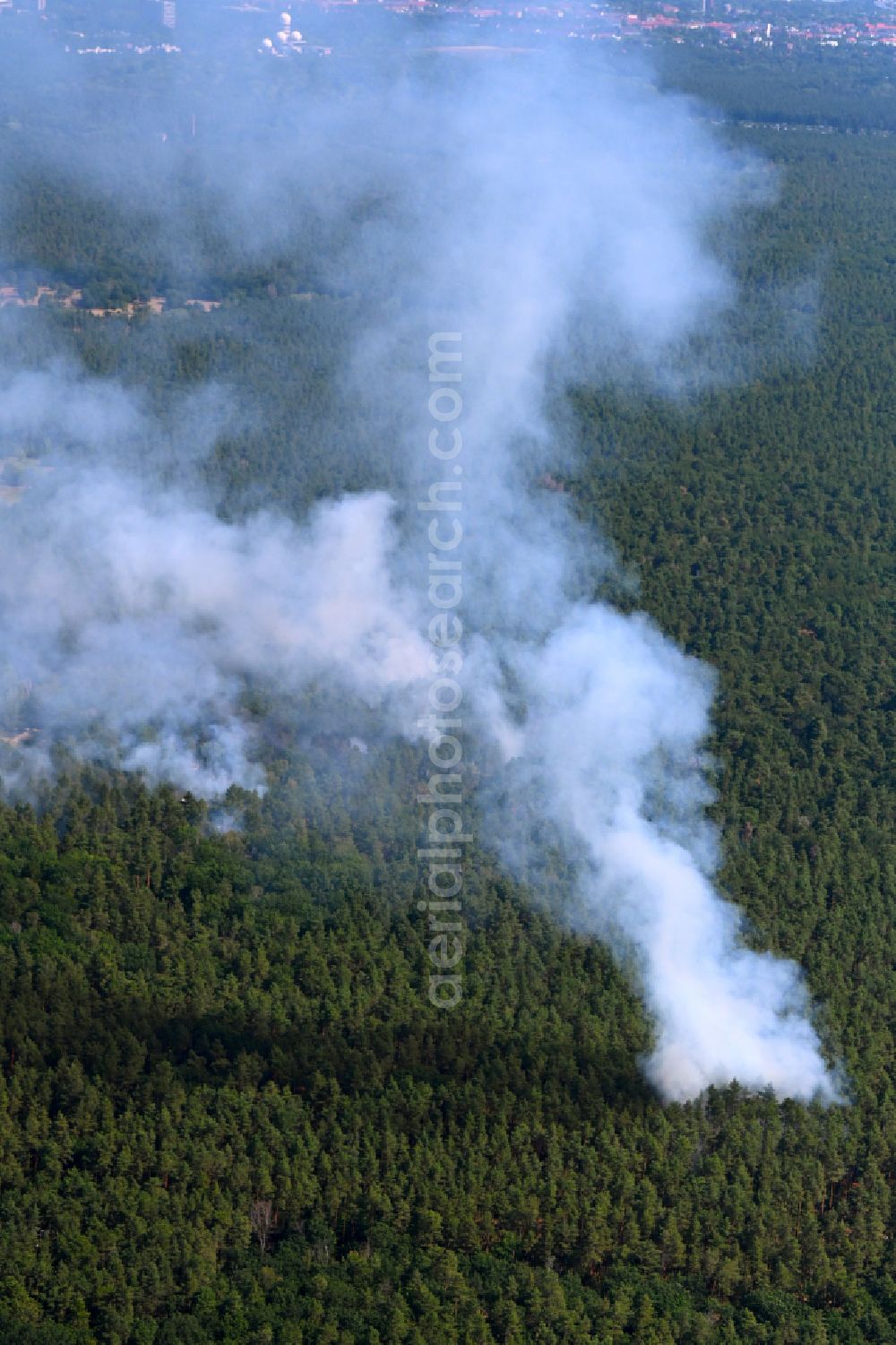 Aerial image Berlin - Puffs of smoke and spread of fire from a forest fire as a result of an explosion at a blast site in the trees of a forest area and forest area on the road Huettenweg - AVUS A100 in the Grunewald district in Berlin, Germany