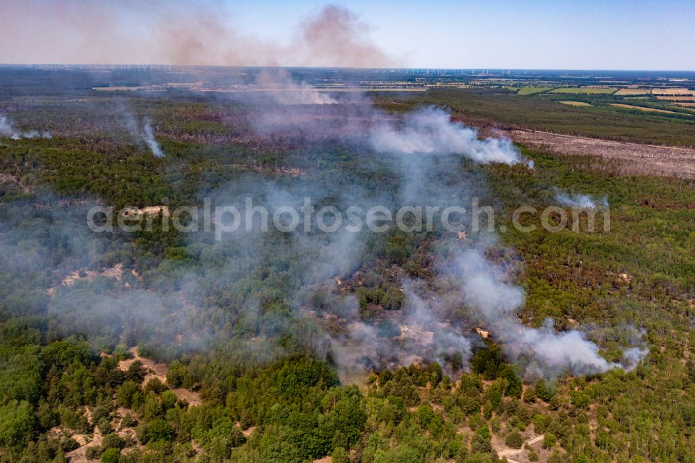 Jüterbog from above - Smoke clouds by the Great Fire - destroyed forest fire tree population in a wooded area - forest terrain in Jueterbog in the state Brandenburg, Germany