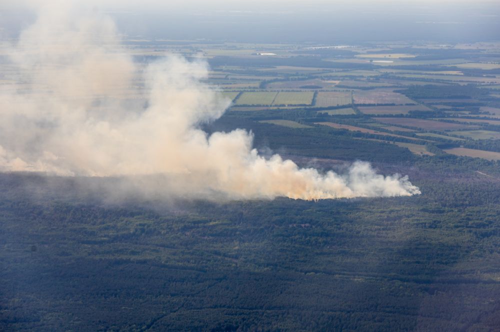 Jüterbog from above - Smoke clouds by the Great Fire - destroyed forest fire tree population in a wooded area - forest terrain in the district Werder in Jueterbog in the state Brandenburg, Germany