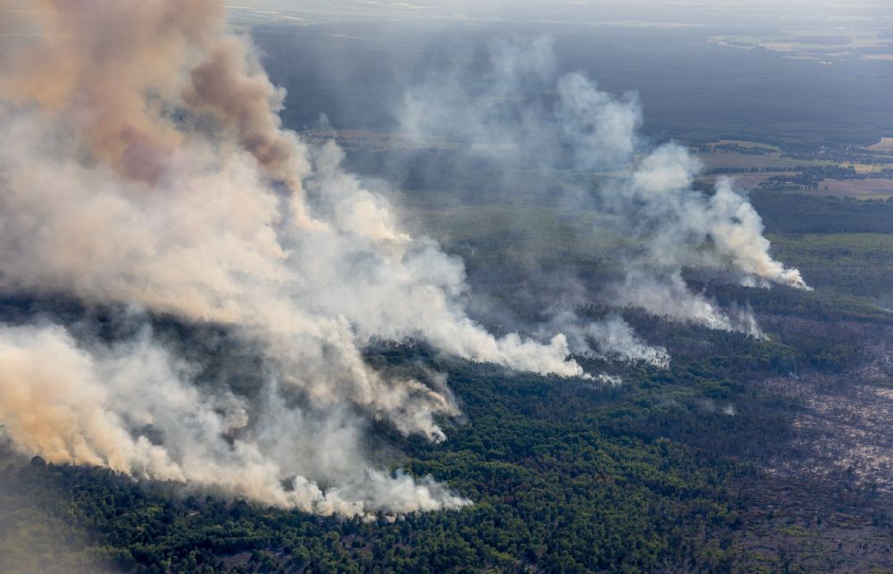 Jüterbog from the bird's eye view: Smoke clouds by the Great Fire - destroyed forest fire tree population in a wooded area - forest terrain in the district Werder in Jueterbog in the state Brandenburg, Germany