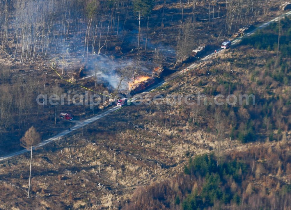 Aerial photograph Staufenberg - Smoke clouds by the Great Fire - destroyed forest fire tree population in a wooded area - forest terrain in Staufenberg in the state Lower Saxony, Germany