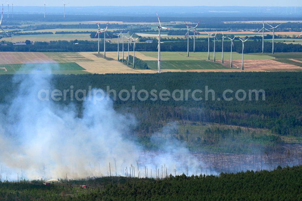 Treuenbrietzen from above - Smoke clouds by the Great Fire - destroyed forest fire tree population in a wooded area - forest terrain in the district Bardenitz in Treuenbrietzen in the state Brandenburg, Germany