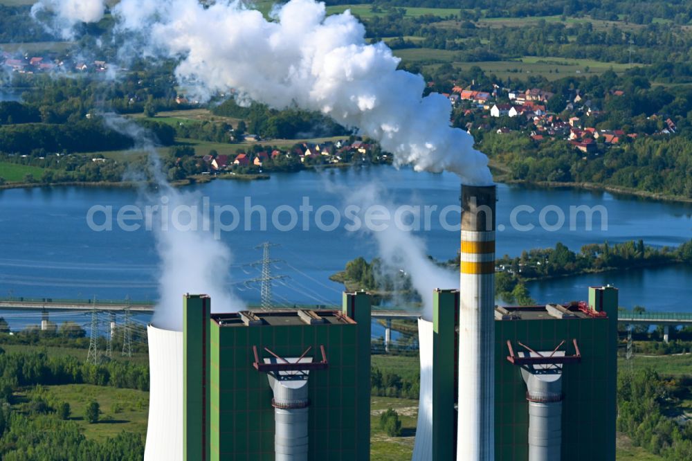 Schkopau from the bird's eye view: Clouds of smoke on the power plant in Schkopau in the state Saxony-Anhalt, Germany